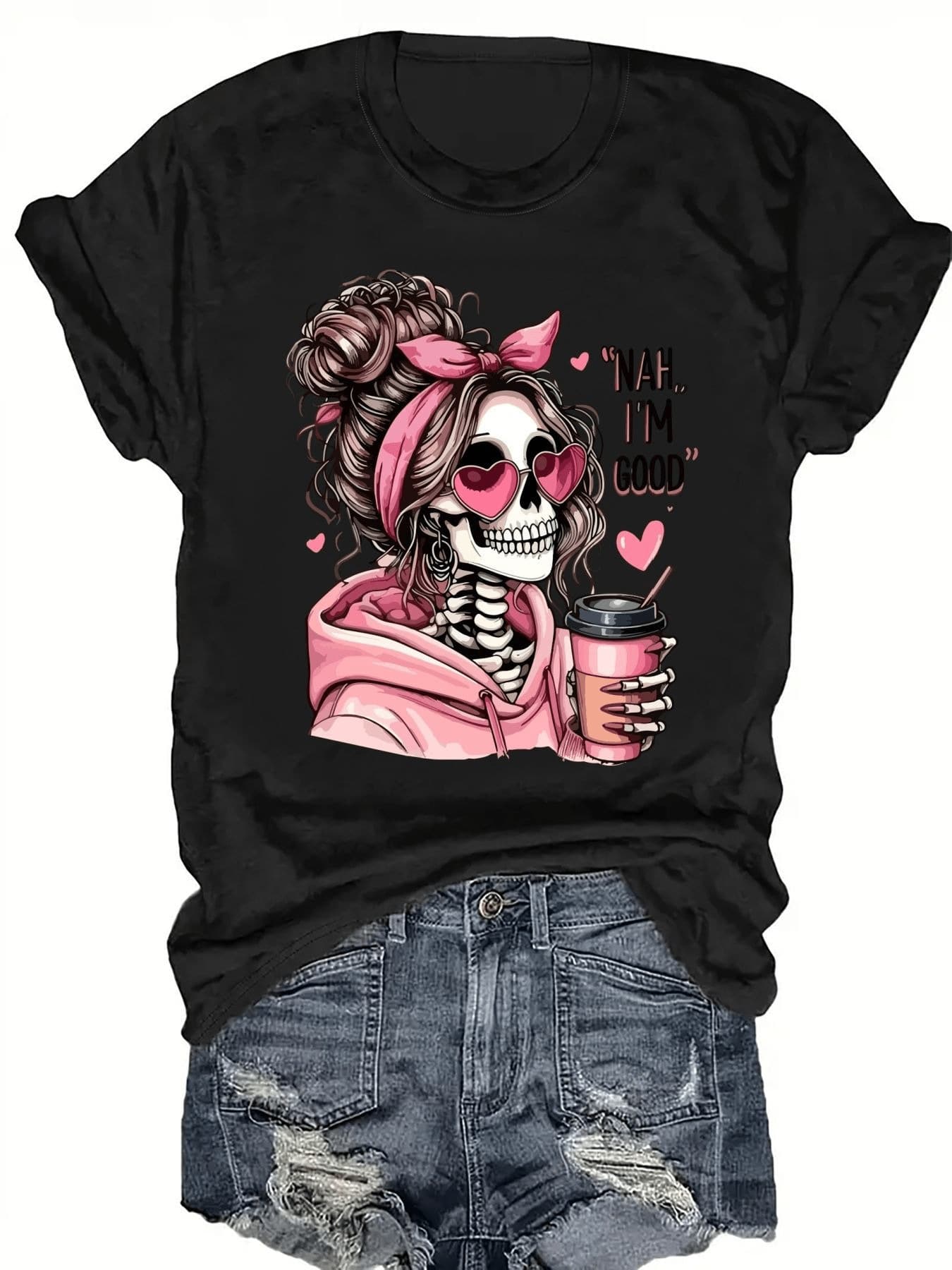 Talla Grande - Talla Grande - [Camiseta Estampada Talla Grande] Camiseta Casual de Manga Corta para Mujer Talla Grande - Bonito estampado de calaveras con gafas en forma de corazón y una taza de café, corte holgado, cuello redondo, camiseta estampada de verano. - Negro - Ver 1