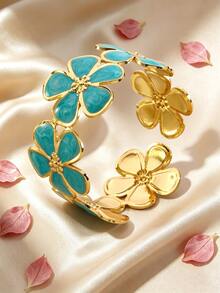 1pc Naturalist Style Enamel Plumeria Shaped Stainless Steel Women's Bracelet, Suitable For Daily Wear/Holiday Gift - Yellow Gold - View 7