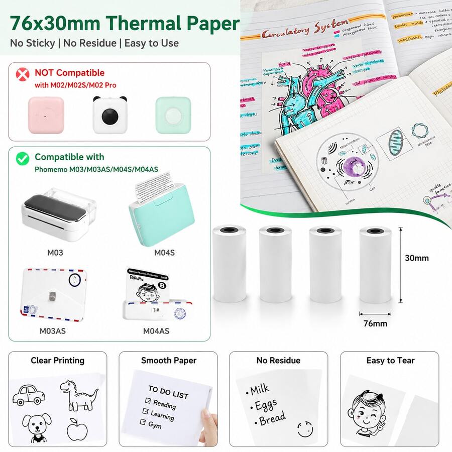 Giấy in nhiệt không keo 77mm cho máy in Phomemo M03 M04S, [5/10] Cuộn giấy ảnh trắng tương thích với máy in Peripage A9 A40, bảo quản được 10 năm - Xem 1