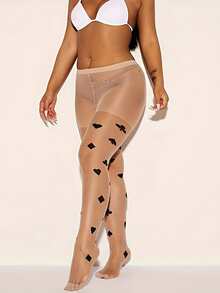 Women's Anti-Snag Transparent Pantyhose With Playing Card Pattern, High Waist Tights Suitable For Party And Daily Wear - Apricot - View 10