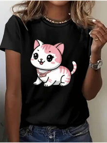 Gato rosado con expresión alegre simbolizando ternura felicidad y energía positiva que ilumina el día camiseta de mujer casual cómoda para uso diario - Negro - Ver 1