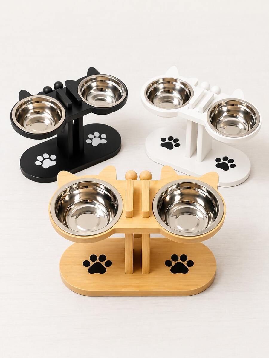 15° Tilted Elevated Cat Bowl, Adjustable Cat Food Bowl With 2 Stainless Steel Bowls, Suitable For Cats, Puppies And Small Pets, Raised Dog Food And Water Bowls, Detachable And Easy To Clean, Essential Cat Bowl For Multiple Kittens