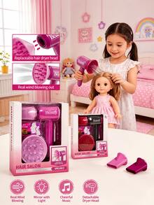 Mini Hair Salon Toy Set With Detachable Hair Dryer, Music & Light Mirror, Beauty Accessories, Parent-Child Interactive Role Play, Suitable For Girls 3+ Years Old, Halloween Gift, Birthday Gift - Multicolor - View 4