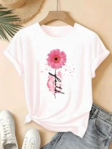 Flor rosa brillante simboliza esperanza fortaleza y confianza en los nuevos comienzos con pétalos suaves que evocan serenidad y belleza natural camiseta de mujer casual cómoda para diario - Blanco - Ver 6