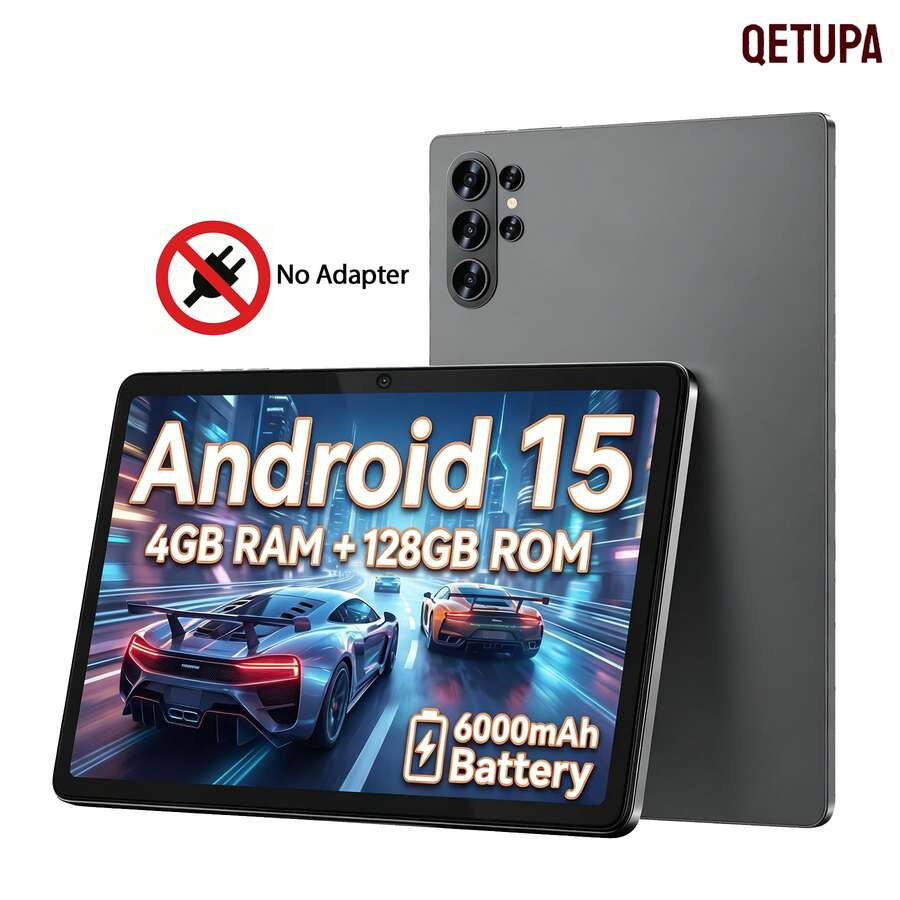 Qetupa 10.1 吋平板電腦，Android 15 系統，MTK 6762 八核心處理器，4GB RAM，128GB ROM，5MP 前置鏡頭與 13MP 後置鏡頭，1280x800 HD IPS 觸控螢幕，6000mAh 電池續航力，802.11ac 2.4G+5G WIFI5/藍牙 5.2/GPS (不含適配器)