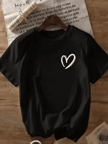Corazón trazado con líneas simples que expresa amor sincero y energía positiva reflejando un estilo libre y alegre ideal para transmitir emociones puras camiseta de mujer casual moderna cómoda para uso diario - Negro - Ver 8