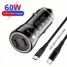 60W 双 USB-C 车载充电器，适用于 快速充电，配备两条 3.3 英尺 + 6.6 英尺 USB-C 转 USB-C 数据线，兼容 15/15 Plus/15 Pro/15 Pro Max、Pro/Air - 黑色 - 查看 8