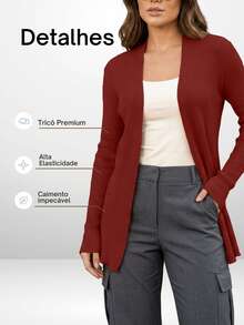 Women's Open Ribbed Cardigan, Basic, Elegant, Casual, Winter, Cold Weather, Knit Cardigan - 紅褐色鐵鏽 - 查看 4