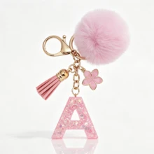 Llavero de letra A-Z con pompones rosa pastel, colgante de bolso y anillo de llaves elegante, accesorio festivo para bolso, regalo imprescindible para el Día de San Valentín/Cumpleaños/Año Nuevo - Turquesa - Ver 2