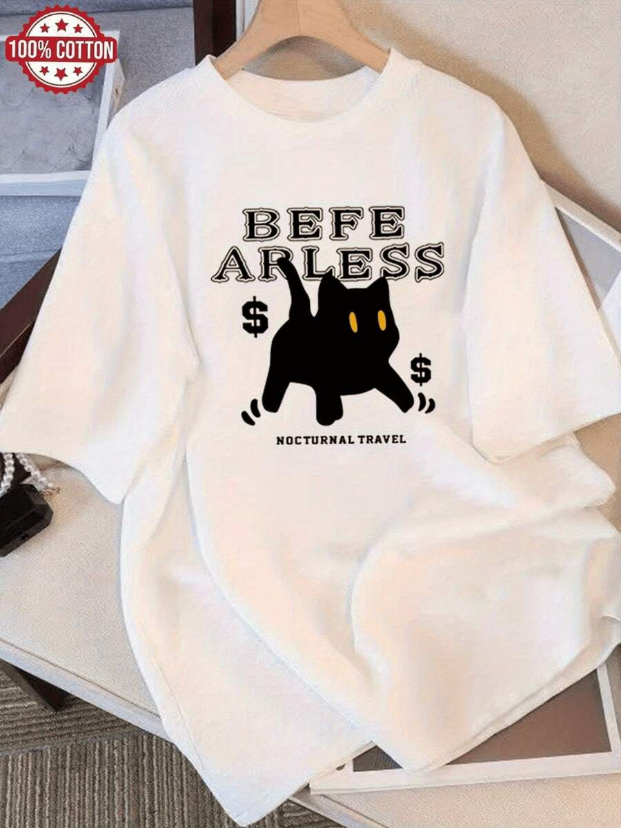 Gato oscuro con ojos brillantes simbolizando la valentía nocturna y el poder misterioso del alma aventurera camiseta de mujer casual moderna y cómoda para uso diario - Blanco - Ver 1
