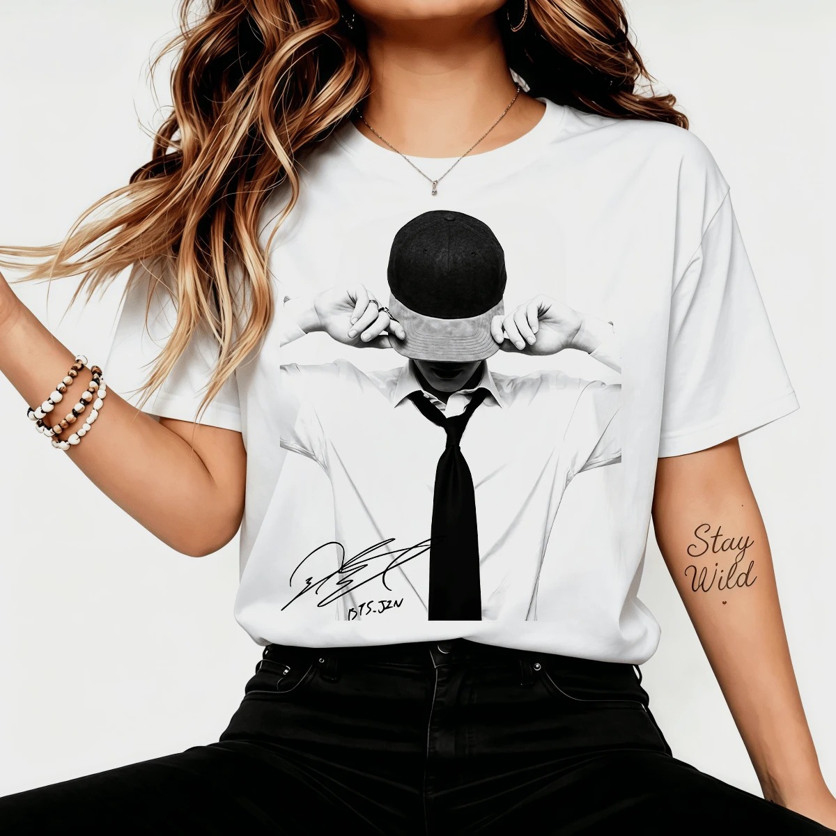Jinn Cap Tie Black And White Signature Retro Graphic T-Shirt, Streetwear Casual Cotton T-Shirt For ARMY Fans - 白色 - 查看 1