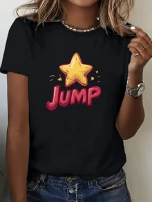 Estrella brillante amarilla que simboliza energía positiva y motivación con la palabra Jump en estilo divertido que inspira movimiento y alegría camiseta de mujer casual moderna cómoda para uso diario - Negro - Ver 6