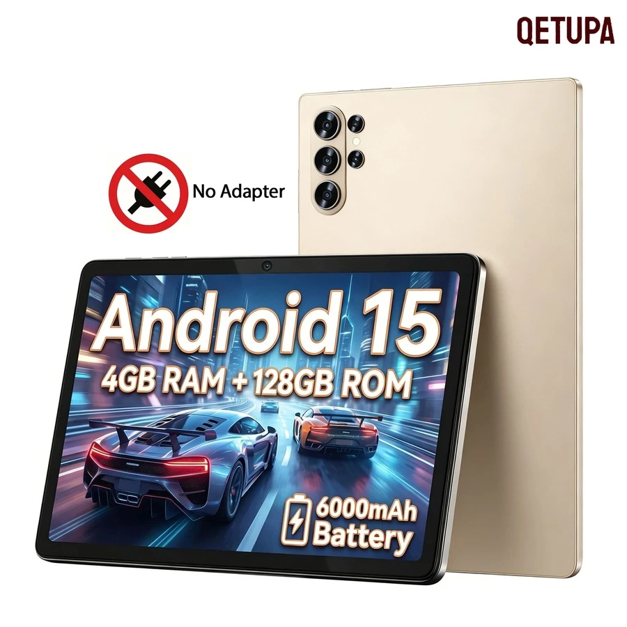 Qetupa جهاز لوحي 10.1 بوصة، نظام أندرويد 15، معالج MTK 6762 ثماني النواة، ذاكرة وصول عشوائي 4 جيجابايت، ذاكرة تخزين 128 جيجابايت، كاميرا أمامية 5 ميجابكسل وكاميرا خلفية 13 ميجابكسل، شاشة لمس IPS بدقة 1280x800 HD، بطارية 6000 مللي أمبير، واي فاي 802.11ac 2.4G+5G WIFI5/بلوتوث 5.2/GPS (المحول غير مشمول)