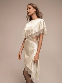 HZXVIC New Women's Solid Color Elegant Lace Patchwork Open Slit Design Vacation Beach Sexy Dress With Lining Summer - Beige - View 5