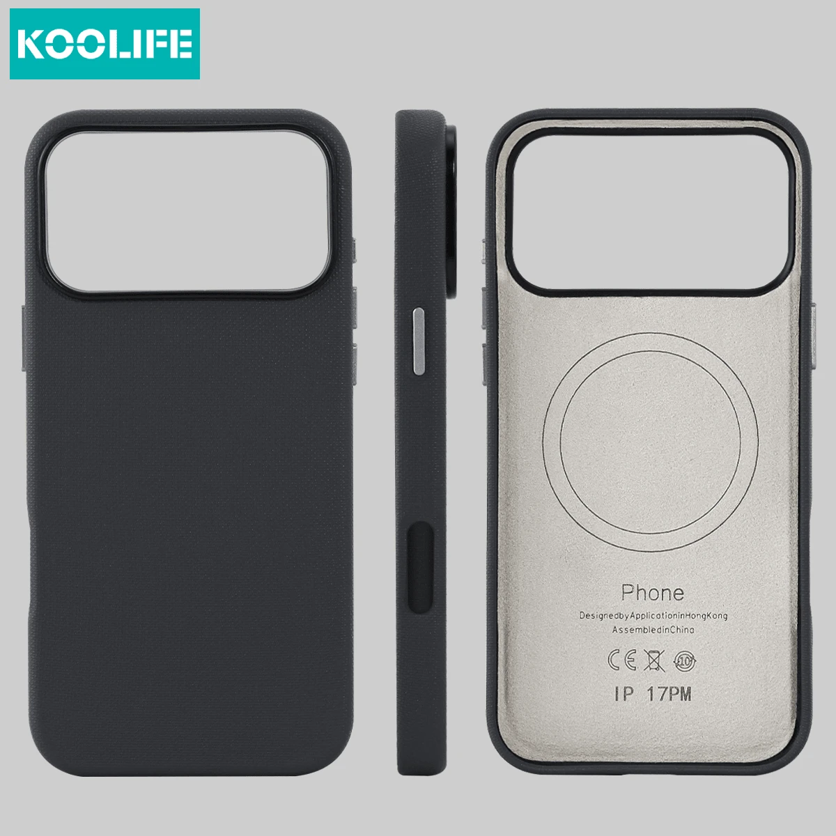 Koolife 黑色磁吸式 PU 皮革手机壳，PC+TPU 材质，防震保护套，兼容 MagSafe，适用于 Apple 17/17Pro/17ProMax/16/15/14/13，哑光表面，大摄像头边框，防刮防指纹设计 - 黑色 - 查看 1