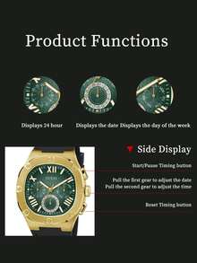 Guess Men's Quartz Watch Gold Tone Octagonal Chronograph Wristwatch Green Roman Numeral Dial Black Silicone Strap Luxury Sporty Watch for Business Casual Golf Weekend Yacht Party Casual Ideal Gift for Him on Graduation Promotion Work Anniversary Perfect for Stleophisticated Active Stlemen - 黑色 - 查看 7