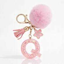 A-Z Fluffy Pom Pom Keychain, Fashionable Bag Charm & Key Ring, Holiday Bag Accessory, Perfect Gift For Valentine's Day/Birthday/New Year - Pink - View 13