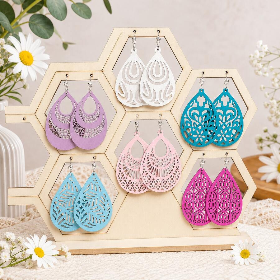 6 Pairs/Set, Fashionable Colorful Wooden Hollow Pendant Earrings, Elegant Minimalist Style - Multicolor - View 1