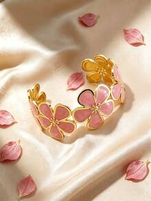 1pc Naturalist Style Enamel Plumeria Shaped Stainless Steel Women's Bracelet, Suitable For Daily Wear/Holiday Gift - Yellow Gold - View 4