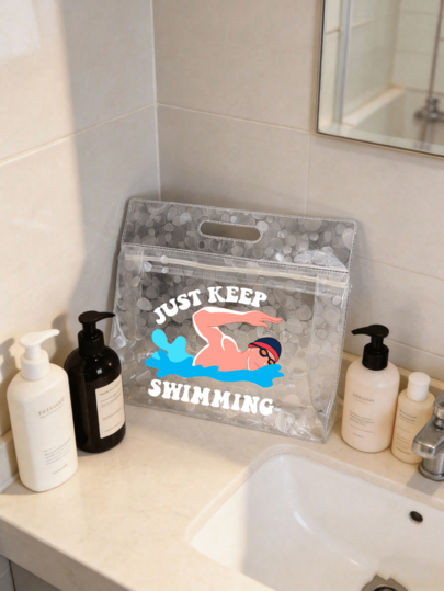 “Just Keep Swimming”印花透明手提袋，便携式游泳装备收纳袋 - 结实耐用的拉链袋，可存放泳衣和沙滩用品，防水沙滩包，女士透明泳池手提袋，符合体育场馆标准的沙滩包，适用于游泳、健身、度假和日常使用，是游泳爱好者和沙滩爱好者的完美礼物。