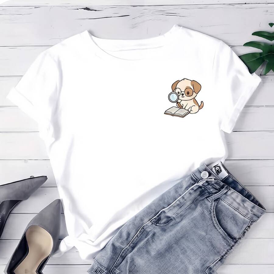 Camiseta Estampada para Mujer con Gráfico de Perrito de Cuento - Camiseta Casual de Manga Corta y Cuello Redondo, Corte Relajado para Todas las Estaciones, Perfecta para Uso Diario o Vacaciones, Lavable aáquina, Combina Perfectamente con Pantalones Cortos de Mezclilla y Tacones. - Blanco - Ver 1