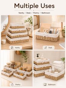 1pc/4pcs Household Desktop Storage Box, Makeup, Keys, Snacks, Coffee Table Organizer, Living Room Entryway Woven Rattan Storage Basket - apricot bow - View 5