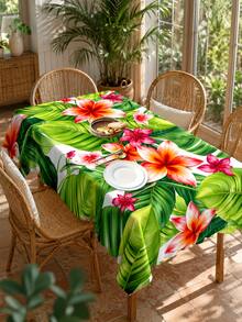 1 pieza Mantel de poliéster con estampado de hoja de palma tropical y plumeria, adecuado para cocina, comedor, jardín exterior, patio, boda, fiesta, reunión con tema hawaiano y decoración del hogar de verano - Verde - Ver 6
