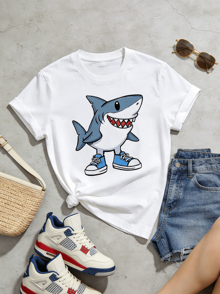 Women's Summer Casual Soft Round Neck Short Sleeve T-Shirt,Cool Cartoon Shark In Sneakers Print Graphic,Suitable For Daily Wear In Spring And Summer.White - White - View 5
