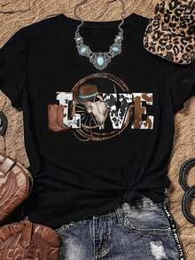 Símbolo del espíritu vaquero con calavera de toro sombrero botas cuerda y rueda que expresan amor por la vida libre y el campo camiseta de mujer casual cómoda y moderna - Negro - Ver 1