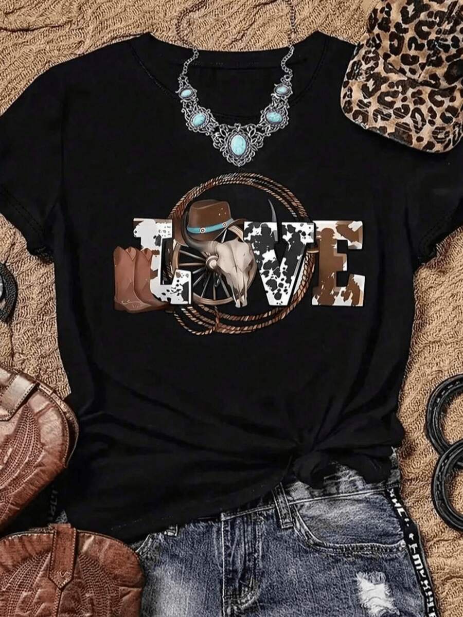 Símbolo del espíritu vaquero con calavera de toro sombrero botas cuerda y rueda que expresan amor por la vida libre y el campo camiseta de mujer casual cómoda y moderna - Negro - Ver 1