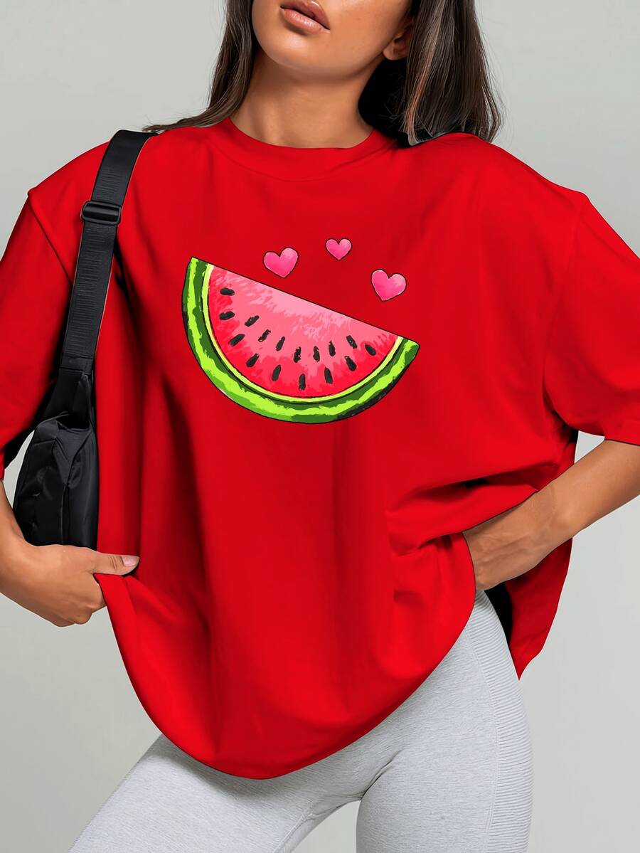 Tallas Grandes, Camisetas Estampadas de Sandía para Mujer de Tallas Grandes, Tops Casuales de Manga Corta con Cuello Redondo para Primavera y Verano, Ropa de Tallas Grandes para Mujer, Ropa de Moda - Rojo - Ver 1
