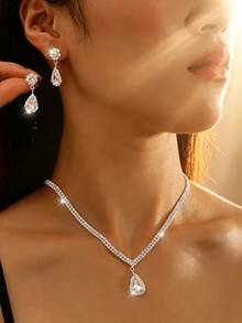 3pcs Set Silver Plated Double Row Tennis Chain Jewelry Set - V-Neck Necklace With Pear-Shaped Pendant + Dangling Earrings, Women's Accessories Suitable For Summer Parties/Weddings/Galas - Silver - View 6