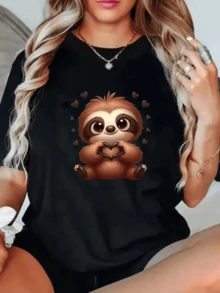 Corazones que flotan alrededor de un tierno rostro que transmite ternura y alegría con tonos cálidos que inspiran amor y dulzura camiseta de mujer casual cómoda moderna para uso diario - Negro - Ver 8