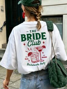 2026 "Bride Club" Camiseta de manga corta holgada con estampado de cóctel, top casual con patrón de fiesta estético, cuello redondo, regalo para dama de honor, fiesta de boda, vacaciones de verano en blanco - Blanco - Ver 1
