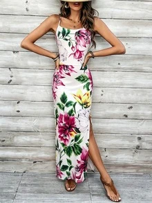 Elegante vestido de mujer con estampado floral, elástico, halter, sin espalda, para fiesta, blanco, de verano - Blanco - Ver 4