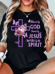 Cruz púrpura rodeada de mariposas y flores simbolizando fe esperanza amor y energía espiritual camisetas de mujer con mensaje motivador religioso y toque elegante para uso diario - Negro - Ver 8