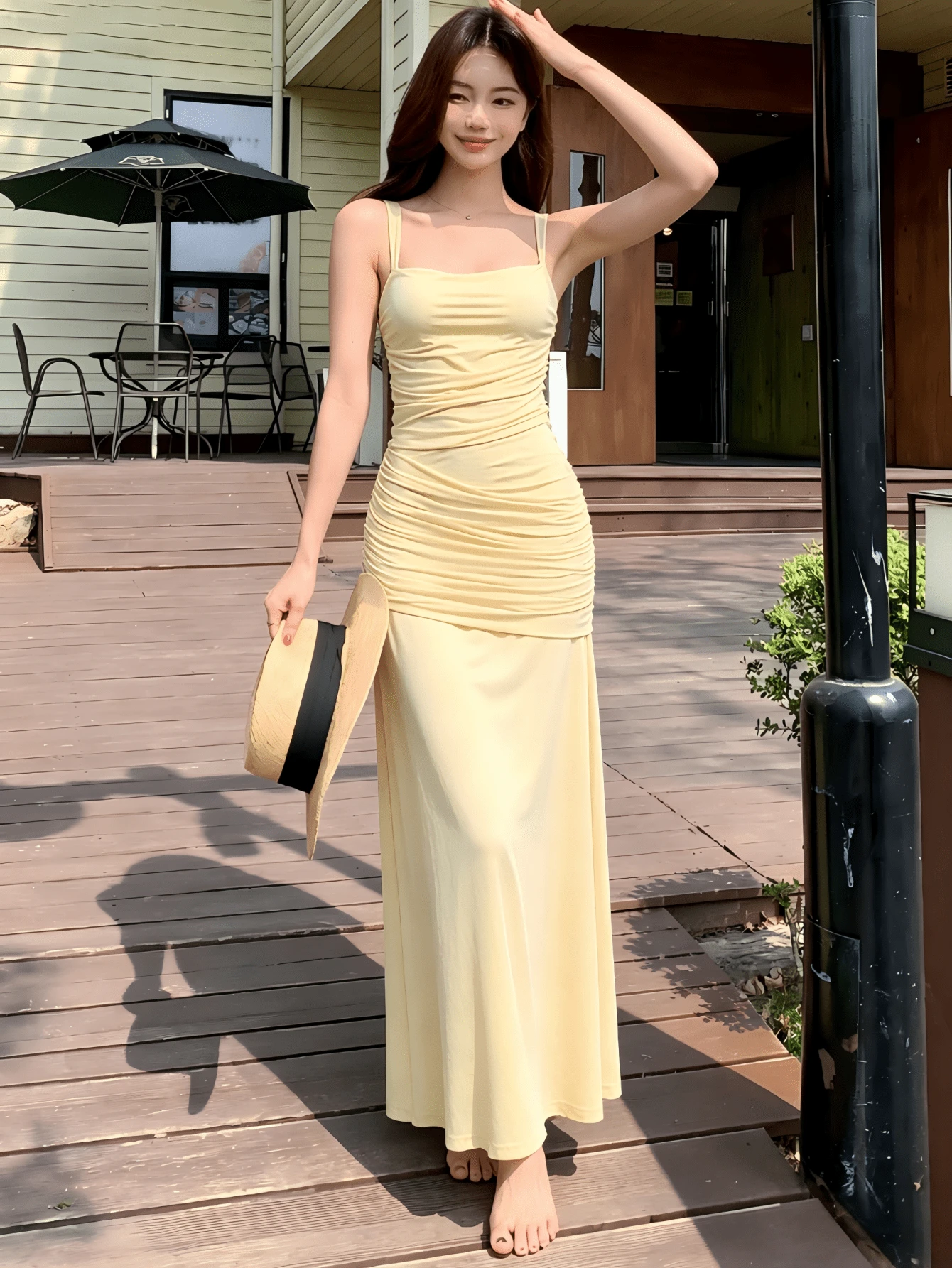 YeonC 女士时尚无袖褶皱连衣裙,高弹力 A 字长裙,适合夏季派对、优雅休闲度假穿着 - 黃色 - 查看 1