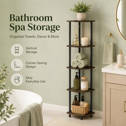 Space-Saving 5-Tier Corner Shelf Unit, Dark Brown Grain/Black Multipurpose Display Rack For Home Organization