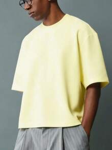 Oversized Boxy Cut Short Sleeve Jersey T Shirt Casual Crop Fit Streetwear Modern Minimalist All Season Essential Top-Comfy Vintage Cotton Tee-K48 - 黃色 - 查看 1