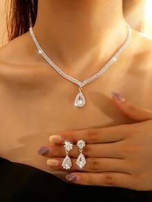3pcs Set Silver Plated Double Row Tennis Chain Jewelry Set - V-Neck Necklace With Pear-Shaped Pendant + Dangling Earrings, Women's Accessories Suitable For Summer Parties/Weddings/Galas - Silver - View 4