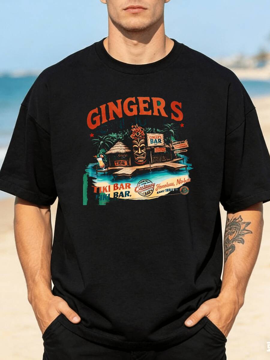 Camiseta de Fiesta Unisex de Manga Corta con Temática Navideña de Deportes, Ginger Ale, Bar Tiki, Islas Hawaianas, Paraíso Tropical, Palmeras y Estatuas Tiki, Ideal para las Fiestas, Oferta de .png, Camiseta de Mujer, Local - Negro - Ver 1