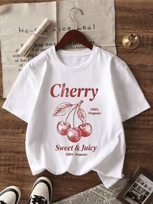 Three Juicy Red Cherries Symbolizing Natural Sweetness, Freshness, And Positive Energy With A Retro Touch. Comfortable White Casual Women's T-Shirt For Summer - 白色 - 查看 8