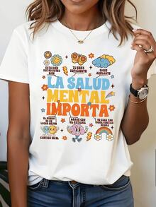 Camiseta de manga corta con estampado de letras, manga corta casual - Hecha de tela, una opción perfecta para el verano. Moda cómoda para mujer - Suave y transpirable, ideal para uso diario casual - Negro - Ver 1