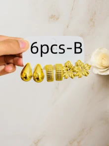 3/9 Pairs Gold-Tone Hair Clips Set | Teardrop/Floral/Geometric Design, Creating Luxurious Metal Earring Sets - Gold - View 6