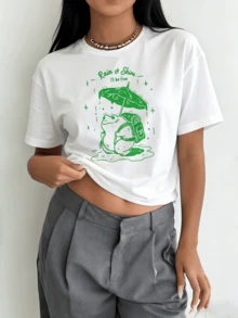 Camiseta de Mujer "Rana: Lluvia o Sol, Estaré Bien" - Estampado de Rana Tierna, Manga Corta, Cuello Redondo, Blusa Casual para Primavera y Verano, Lavable a Máquina, No Incluye Rana - [Blanco] - Ver 1