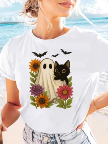 Camiseta Casual de Manga Corta con Estampado de Gato Boho Feliz Halloween, Cuello Redondo para Verano y Primavera, Ropa de Mujer - [Blanco] - Ver 1