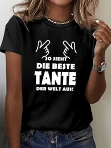 Dos manos señalando hacia arriba con un texto divertido en alemán que expresa orgullo y cariño hacia la mejor tía del mundo ideal para regalar y mostrar afecto camiseta de mujer casual moderna cómoda - Negro - Ver 8