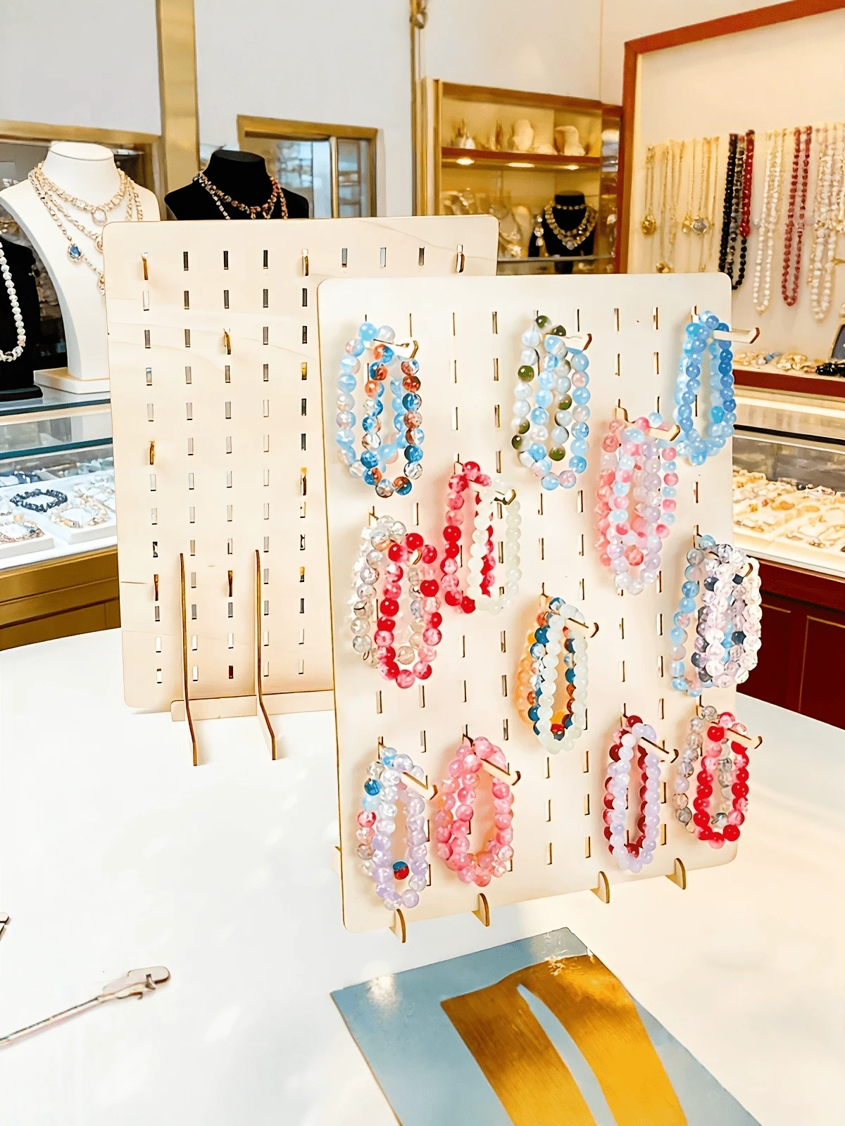 1 Set Wooden Jewelry Display Stand With 20 Hooks, DIY Handmade Jewelry Organizer Rack, Detachable Desktop Storage Shelf For Bracelets, Necklaces, Earrings, Rings And Watches, Space-Saving Vanity Jewelry Holder For Home, Bedroom, Vanity, Retail Store Display - Wood Color - View 1