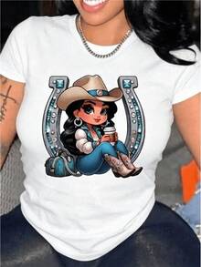 The Image Of A Seated Cowgirl Wearing A Hat, Boots, A Mug, And A Shiny Horseshoe Symbolizes Strength, Freedom, And Elegance, With Turquoise Accents On A Comfortable, Modern, Casual Women's T-Shirt For Everyday Wear. - 白色 - 查看 8