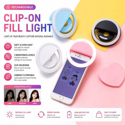 1pc White/Pink/Blue/Black USB Rechargeable LED Selfie Ring Light For Phone, Portable Round Selfie Fill Light Camera Lamp For Live Streaming, Makeup Beauty, With Data Cable
